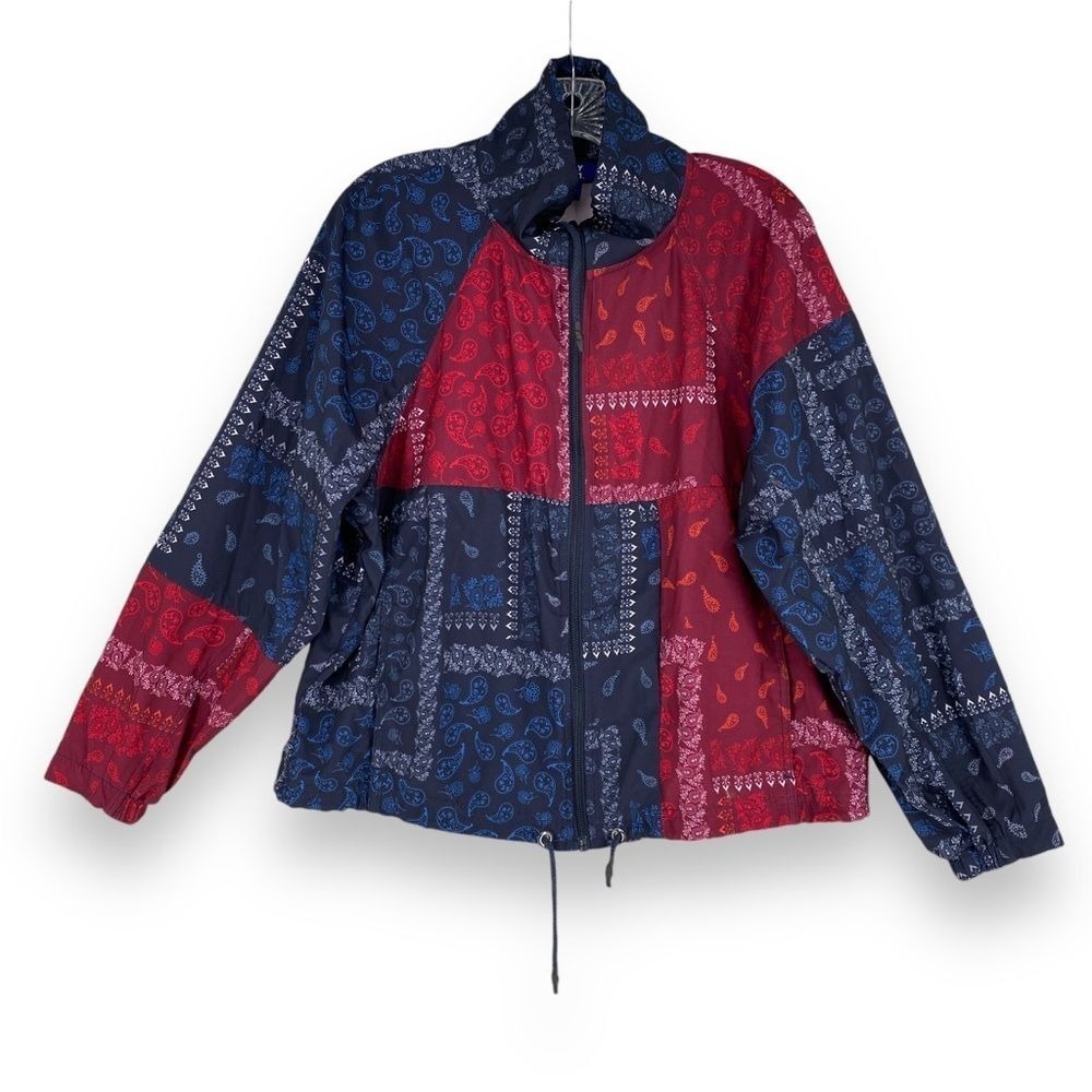 JoyLab Windbreaker Womens Medium Blue Red Bandana Patchwork Full Zip Jacket